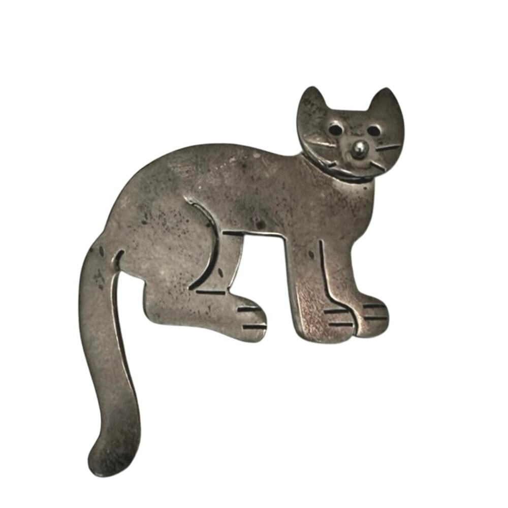Mexican Sterling Cat Brooch • A & J H MEX 925 • 4.74g